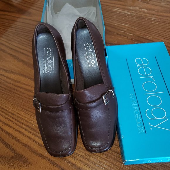 AEROSOLES Shoes - Aerology by Aerosoles Brown Leather Loafer 2" Stacked Heel Sz 8M NIB